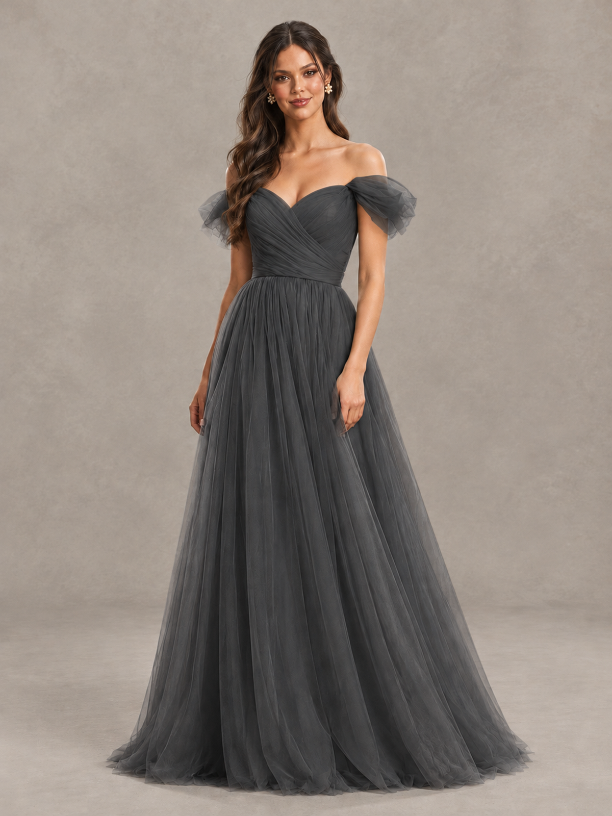 BOLODOO Grey Off-the-Shoulder Ruffle Sleeve A-Line Bridesmaid Dress - Grey - Grey (4)
