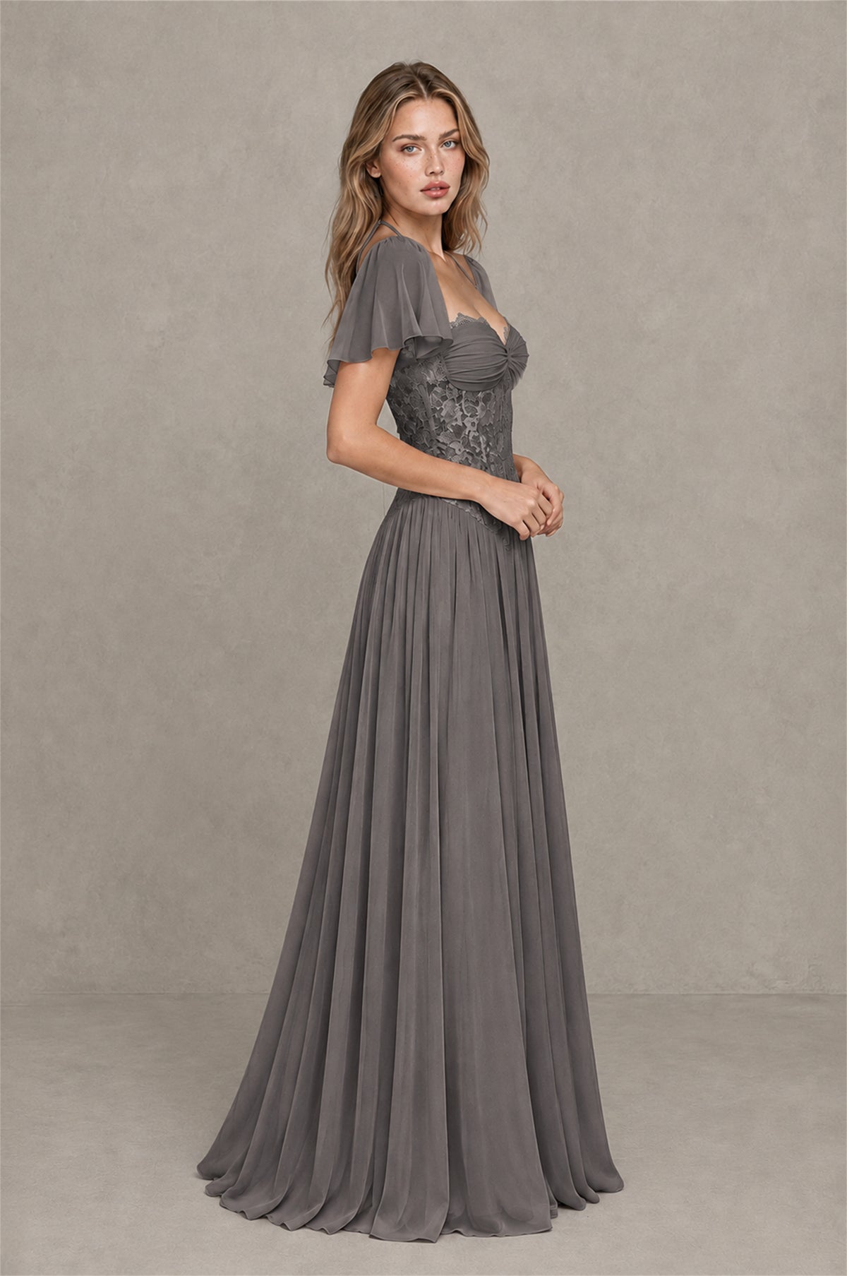 BOLODOO Grey Flutter Sleeve Lace Corset A-Line Maxi Dress - Grey - Grey (4)