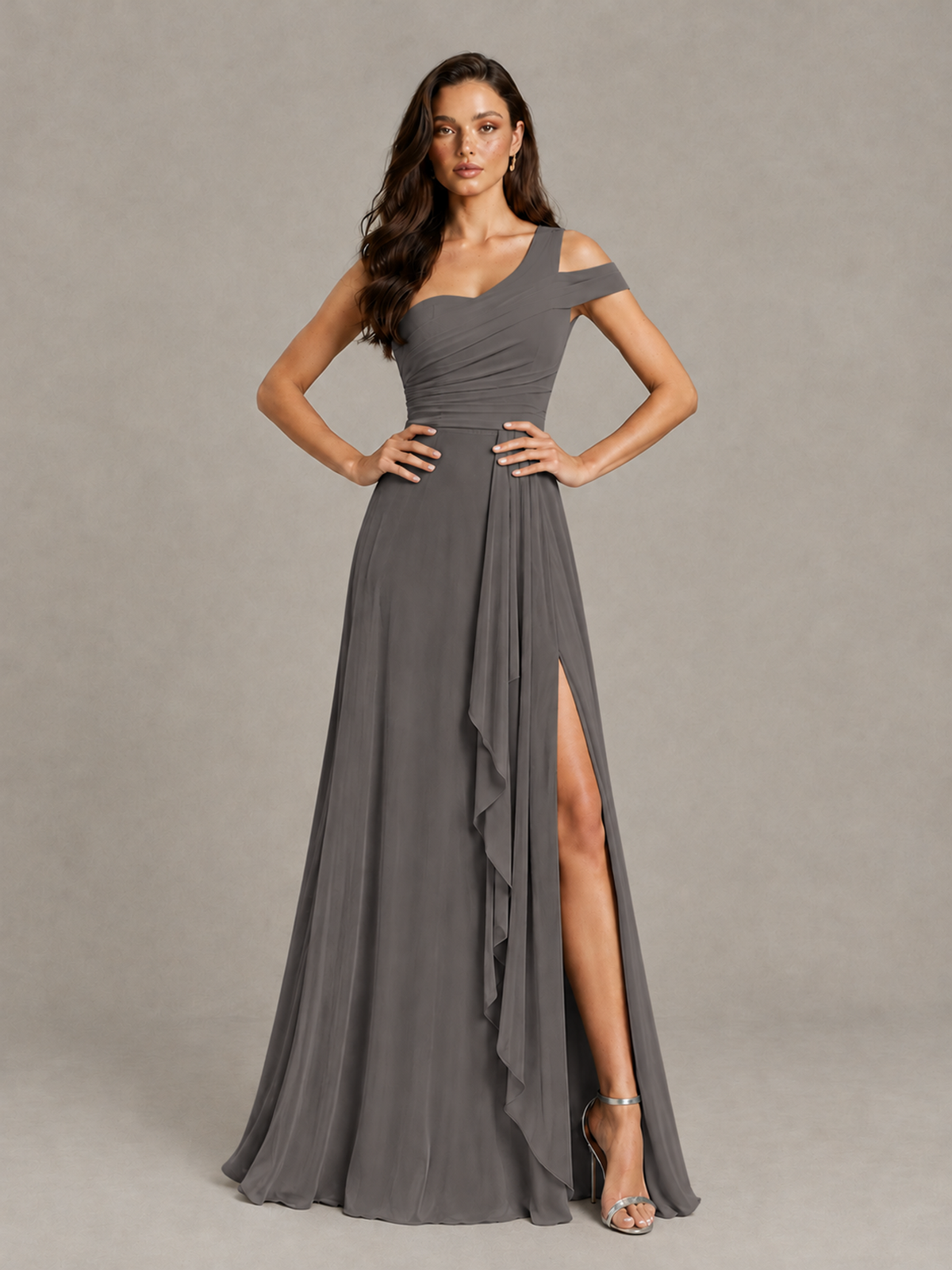 BOLODOO Grey One-Shoulder Bridesmaid Dress with Side Slit - Grey - Grey (4)