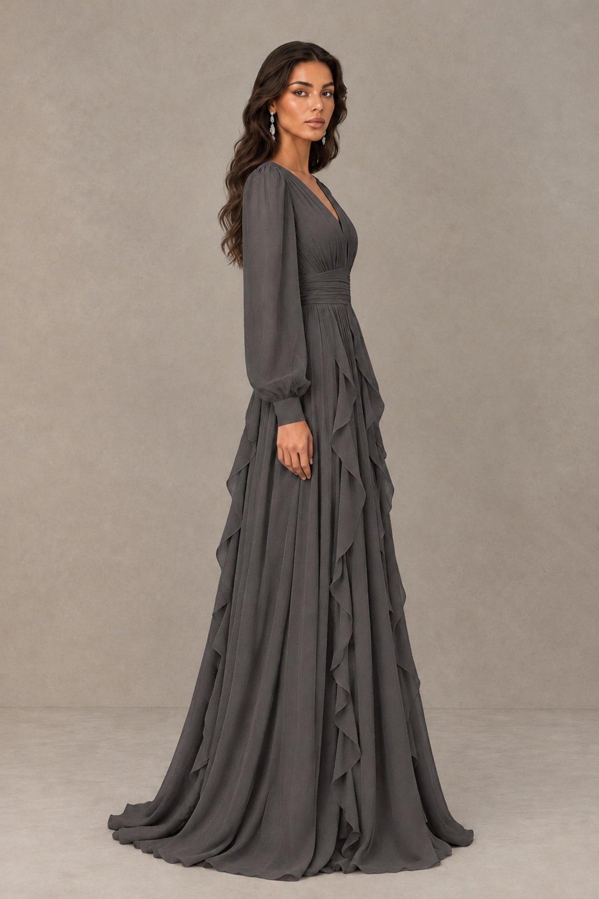 BOLODOO Grey Long Sleeve V-Neck Ruffle Maxi Dress - Grey - Grey (4)