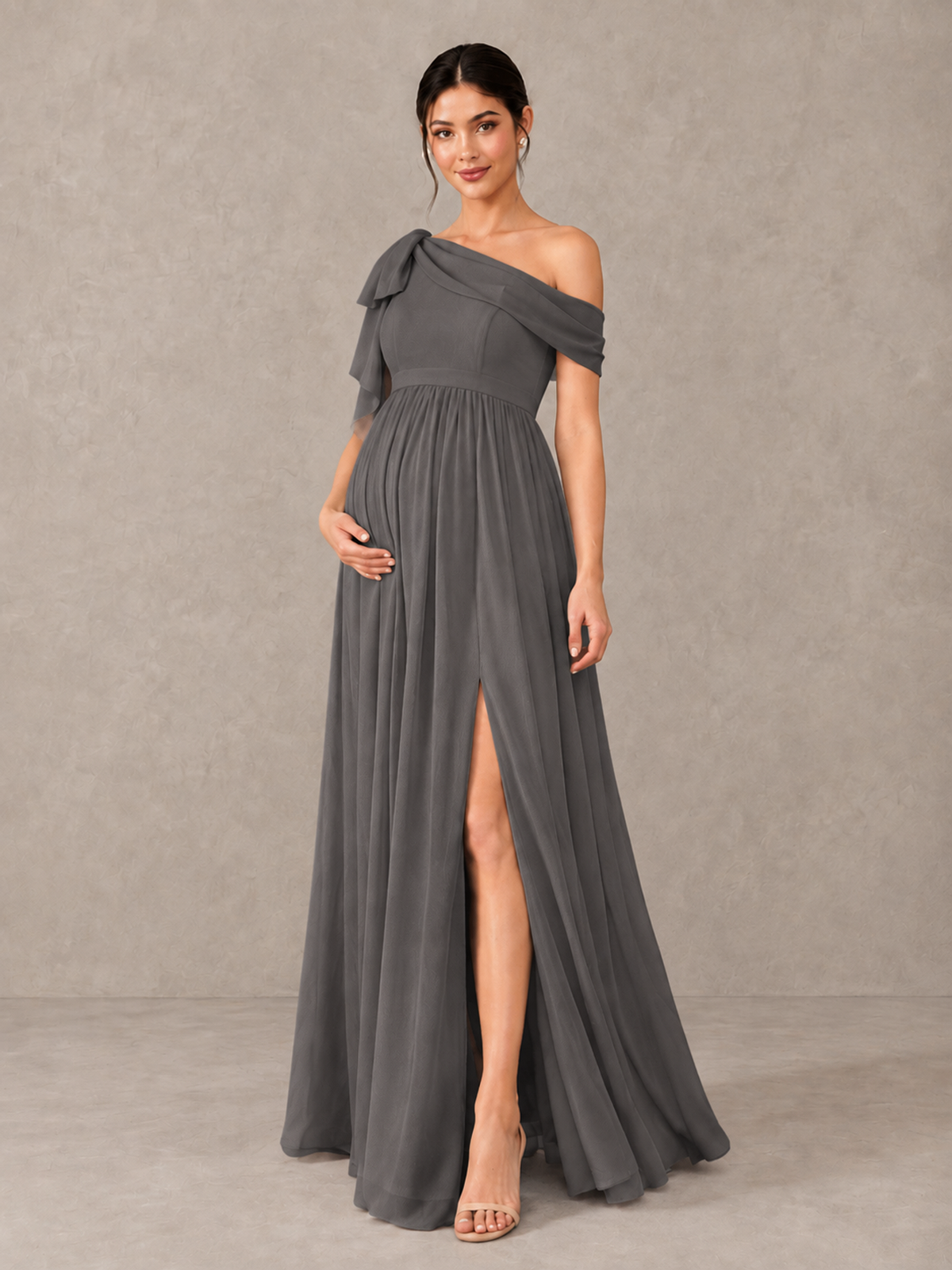 BOLODOO Grey One-Shoulder Maternity Bridesmaid Dress with Slit - Grey - Grey (4)