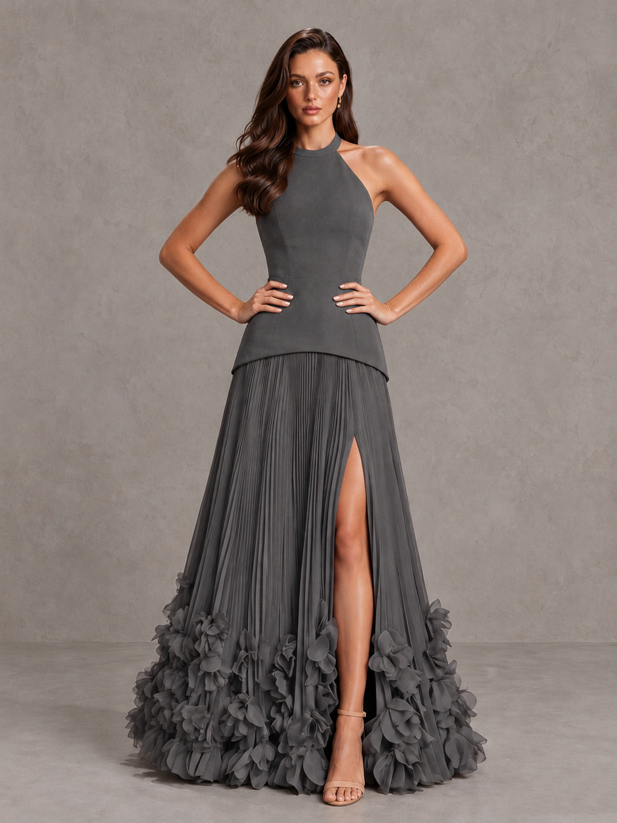 BOLODOO Grey Halter Neck Floor-Length Evening Gown with High Slit & 3D Floral Hem - Grey - Grey (4)