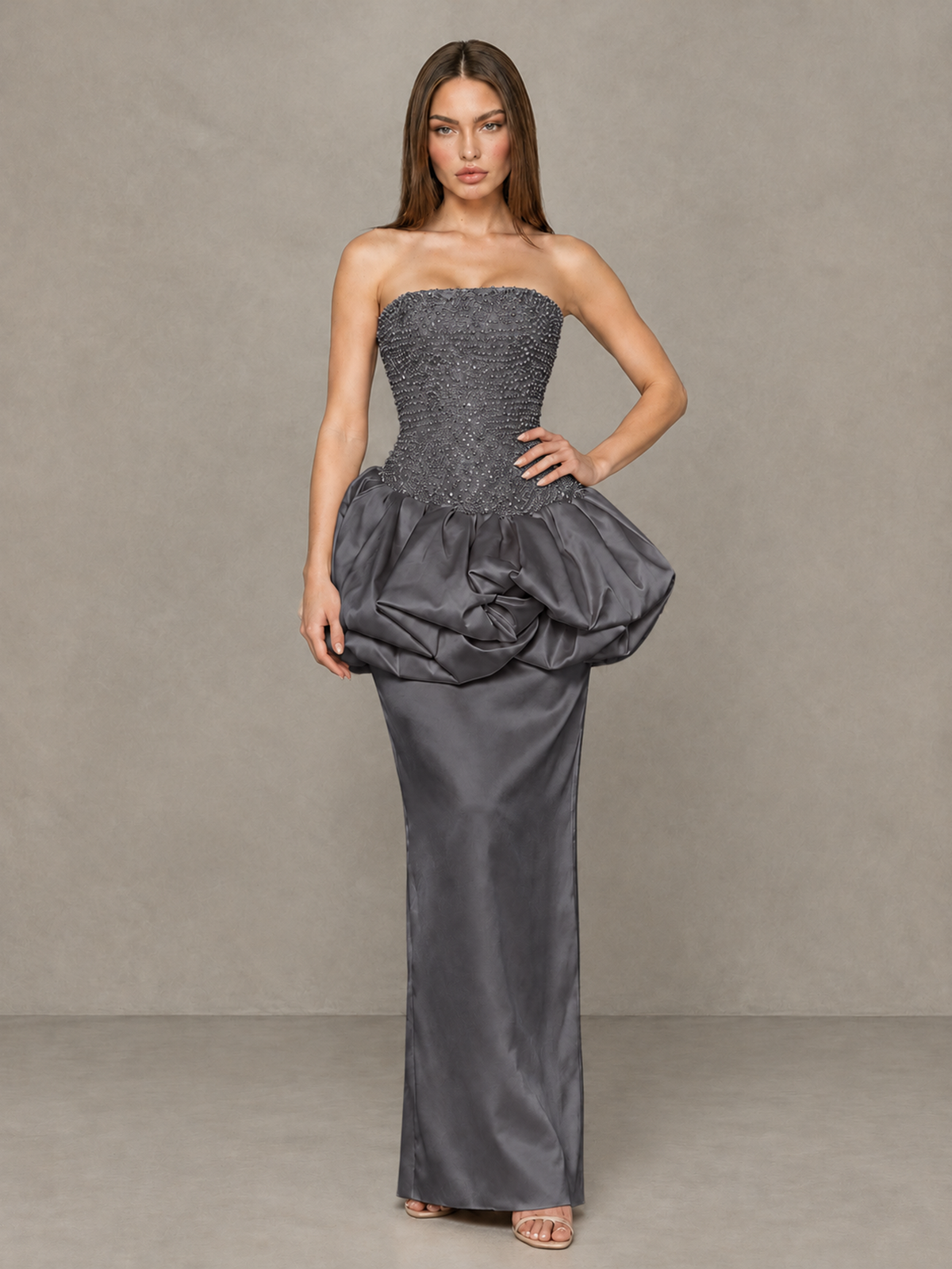 BOLODOO Grey Strapless Embellished Bubble Peplum Evening Dress - Grey - Grey (4)