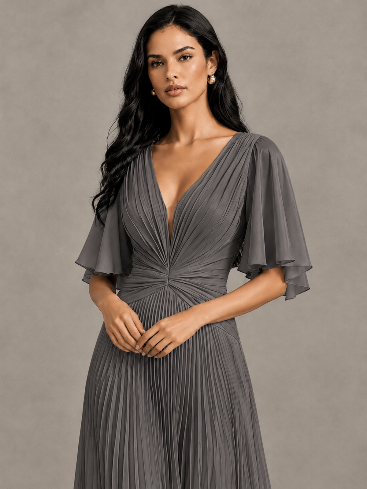 BOLODOO Grey Pleated V-Neck Flutter Sleeve Bridesmaid Dress - Grey - Grey (4)