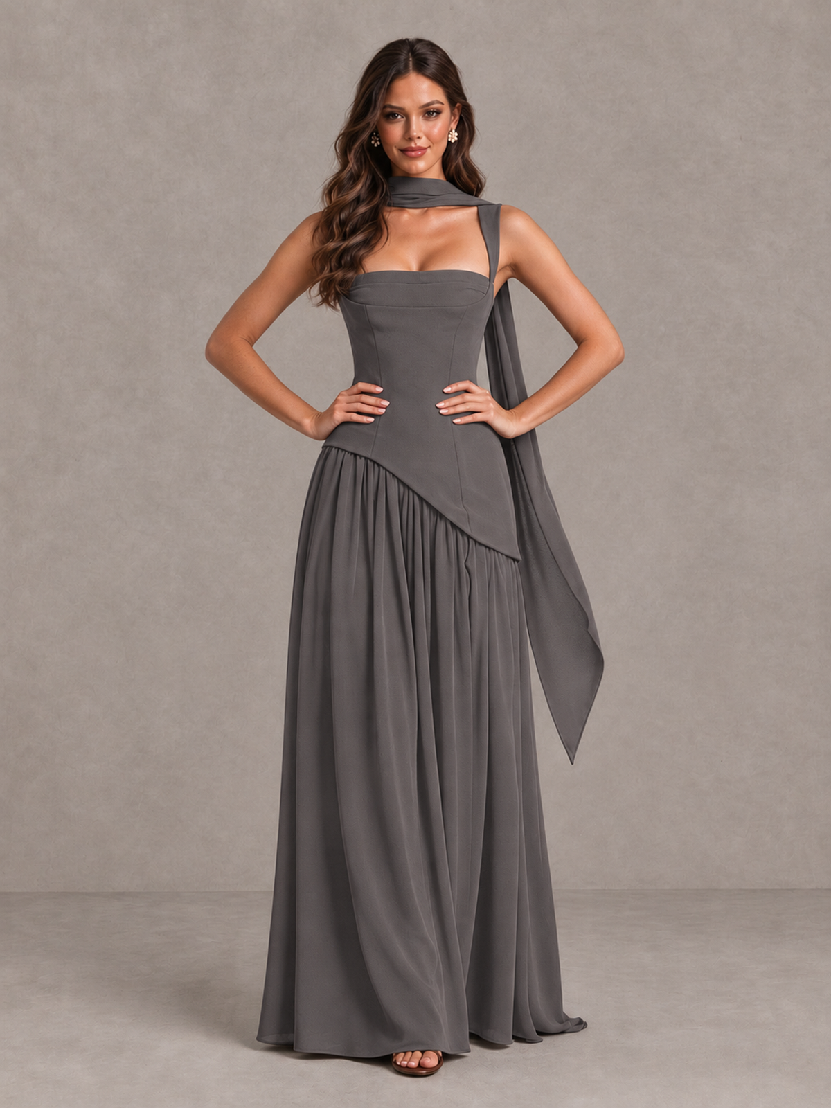 BOLODOO Grey Brown Scarf Bridesmaid Dress with Lace-Up Back - Grey - Grey (4)