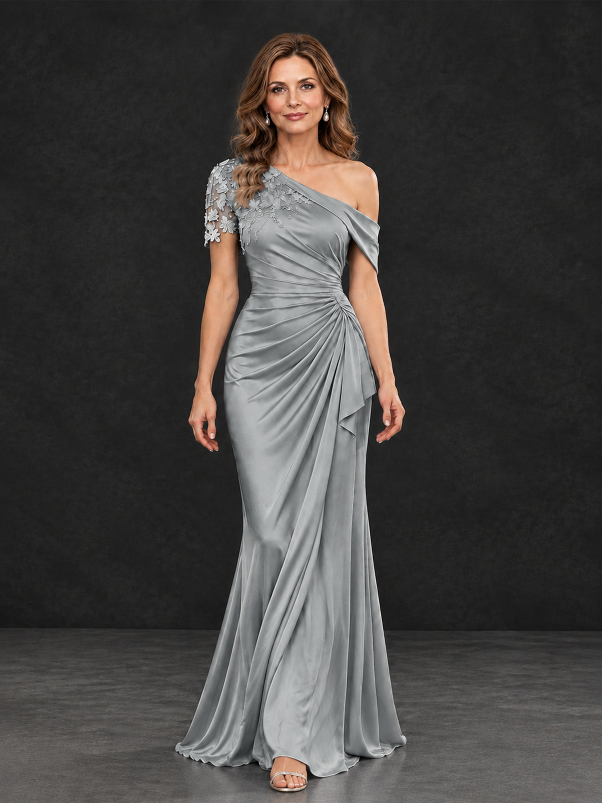 BOLODOO Grey Asymmetric Satin Mother of the Bride Dress with Lace Sleeve - Grey - Grey (4)