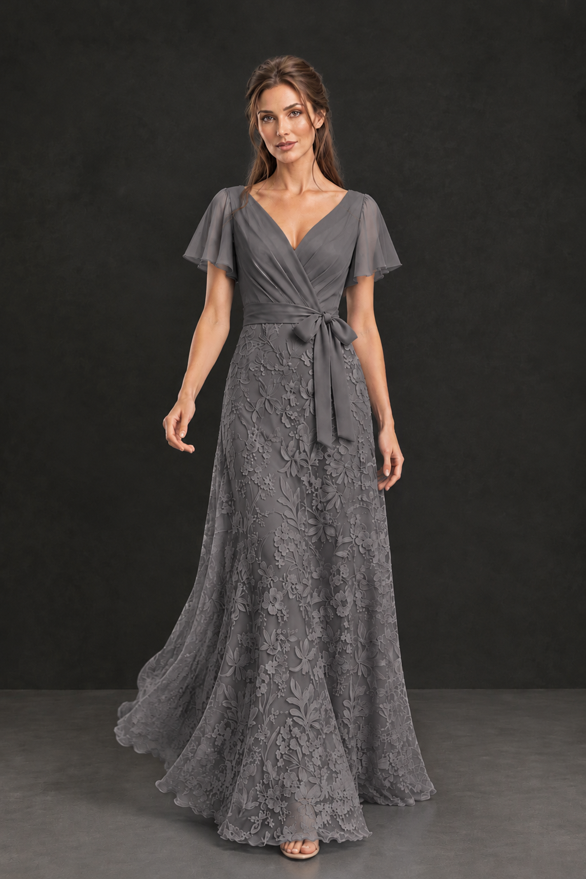 BOLODOO Grey Flutter Sleeve Lace Mother of the Bride Dress - Grey