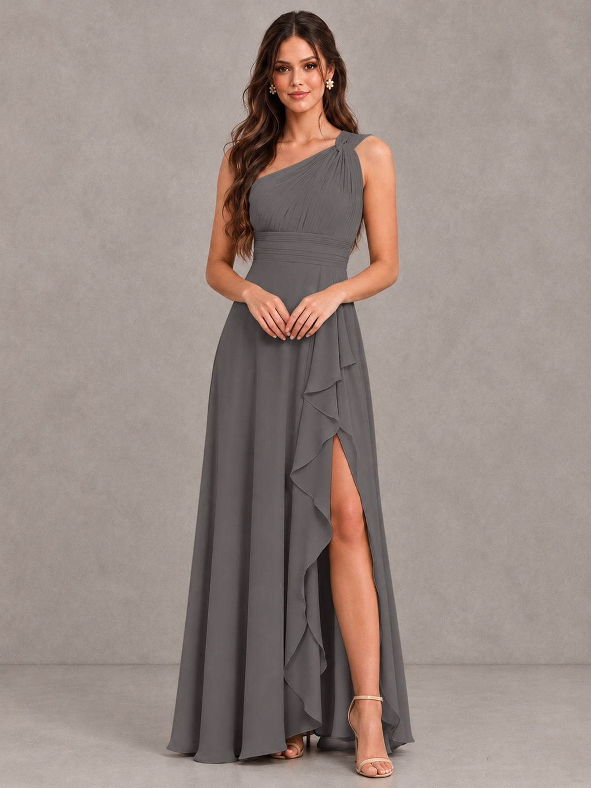 BOLODOO Grey One-Shoulder Ruffle Bridesmaid Dress with Slit - Grey - Grey (4)
