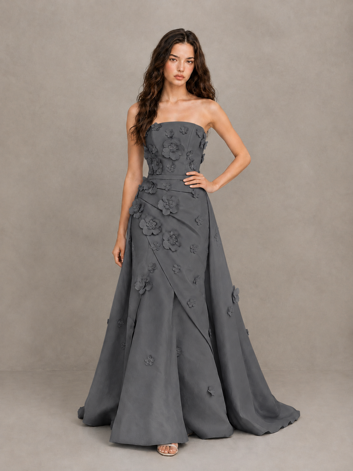 BOLODOO Grey Strapless 3D Floral Applique Prom Gown with Draped Skirt - Grey - Grey (4)