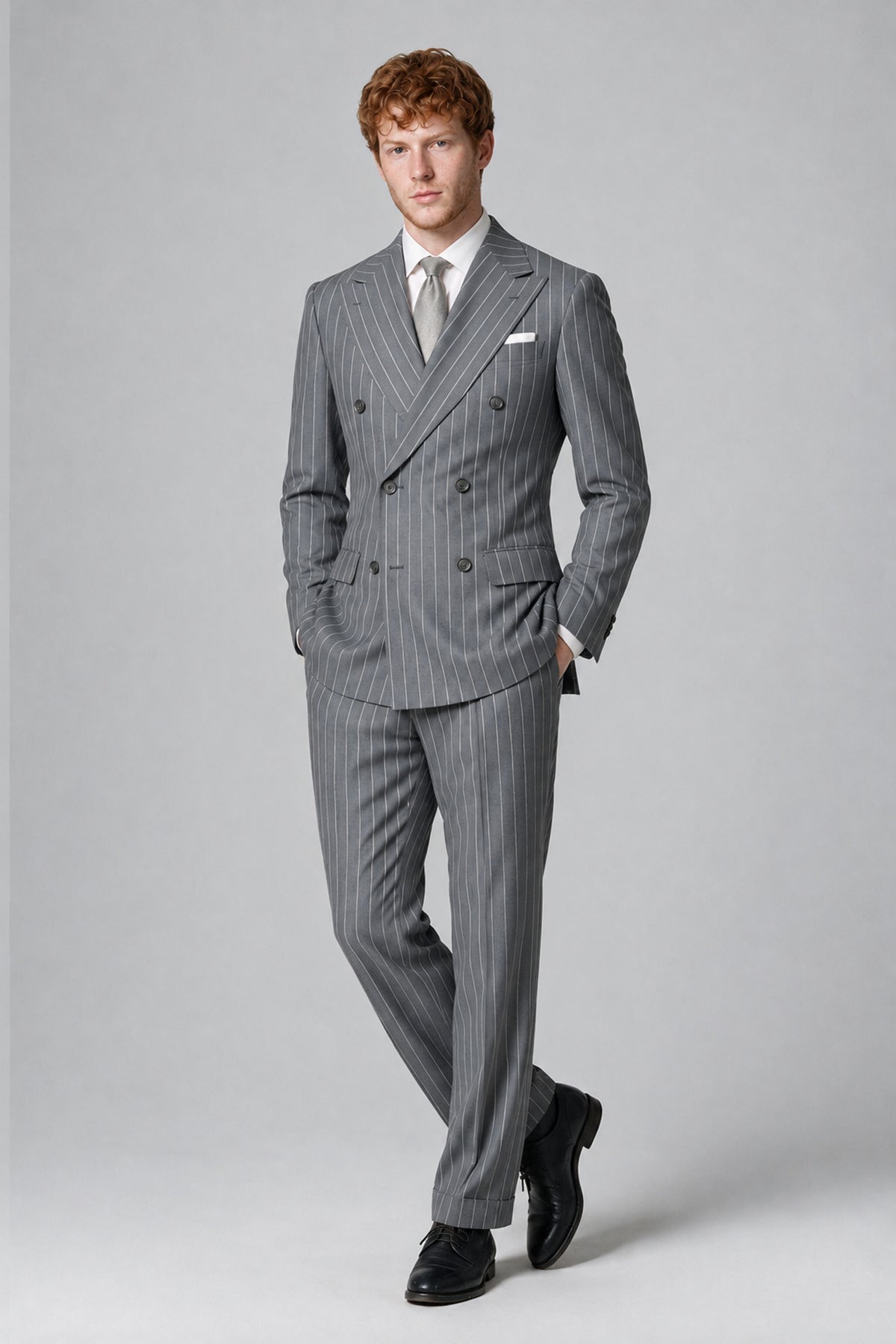 Bolodoo Men's Grey Pinstripe Double-Breasted 2-Piece Suit – Jacket & Trousers - Grey - Grey (4)