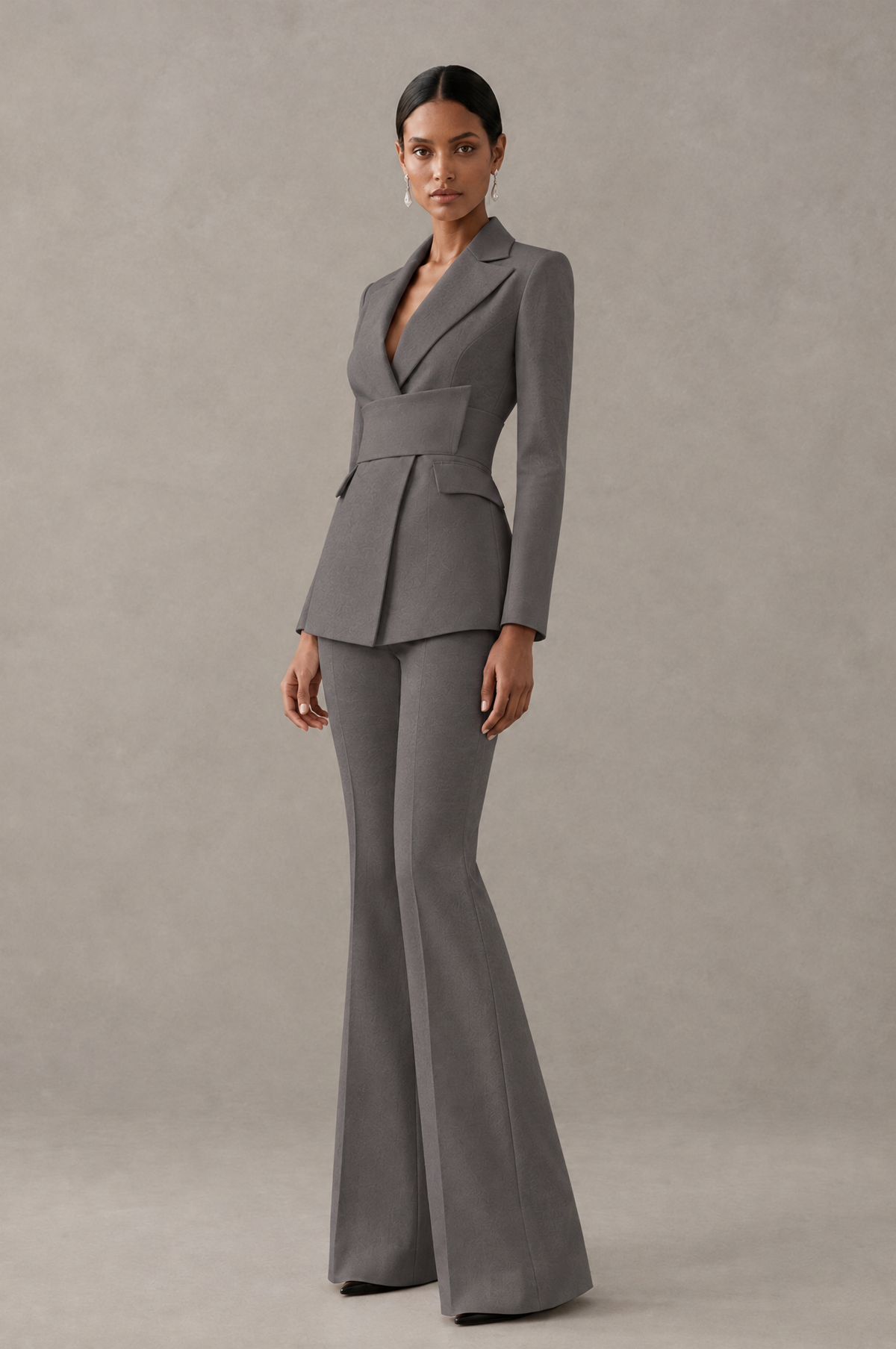 BOLODOO Grey Two-Piece Pantsuit with Tailored Blazer & Flared Pants - Grey - Grey (4)