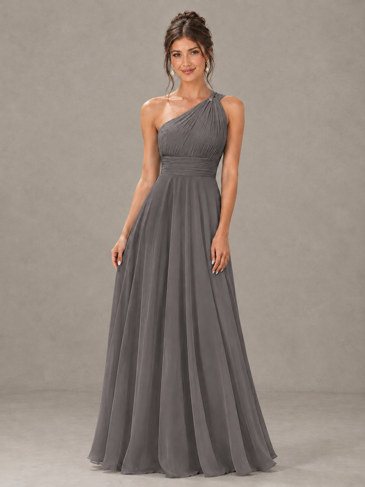 BOLODOO Grey One-Shoulder Chiffon-Look Bridesmaid Dress - Grey - Grey (4)