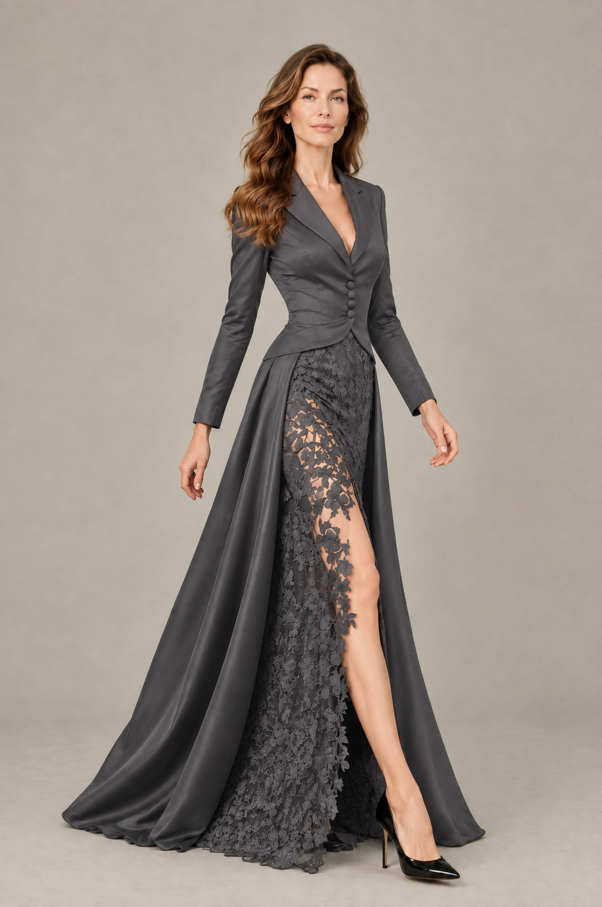 BOLODOO Grey Long Sleeve Lace Blazer Gown with High Slit - Grey - Grey (4)