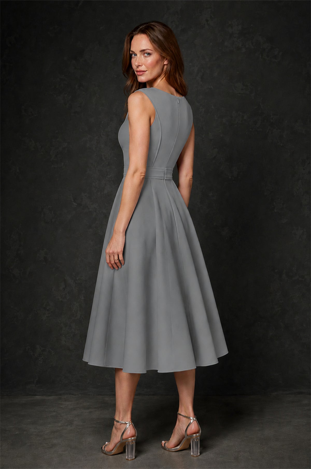 BOLODOO Grey 3D Rosette Appliqué 3/4 Sleeve Jacket & V-Notch Sleeveless A-Line Tea-Length Two-Piece Dress Set - Grey