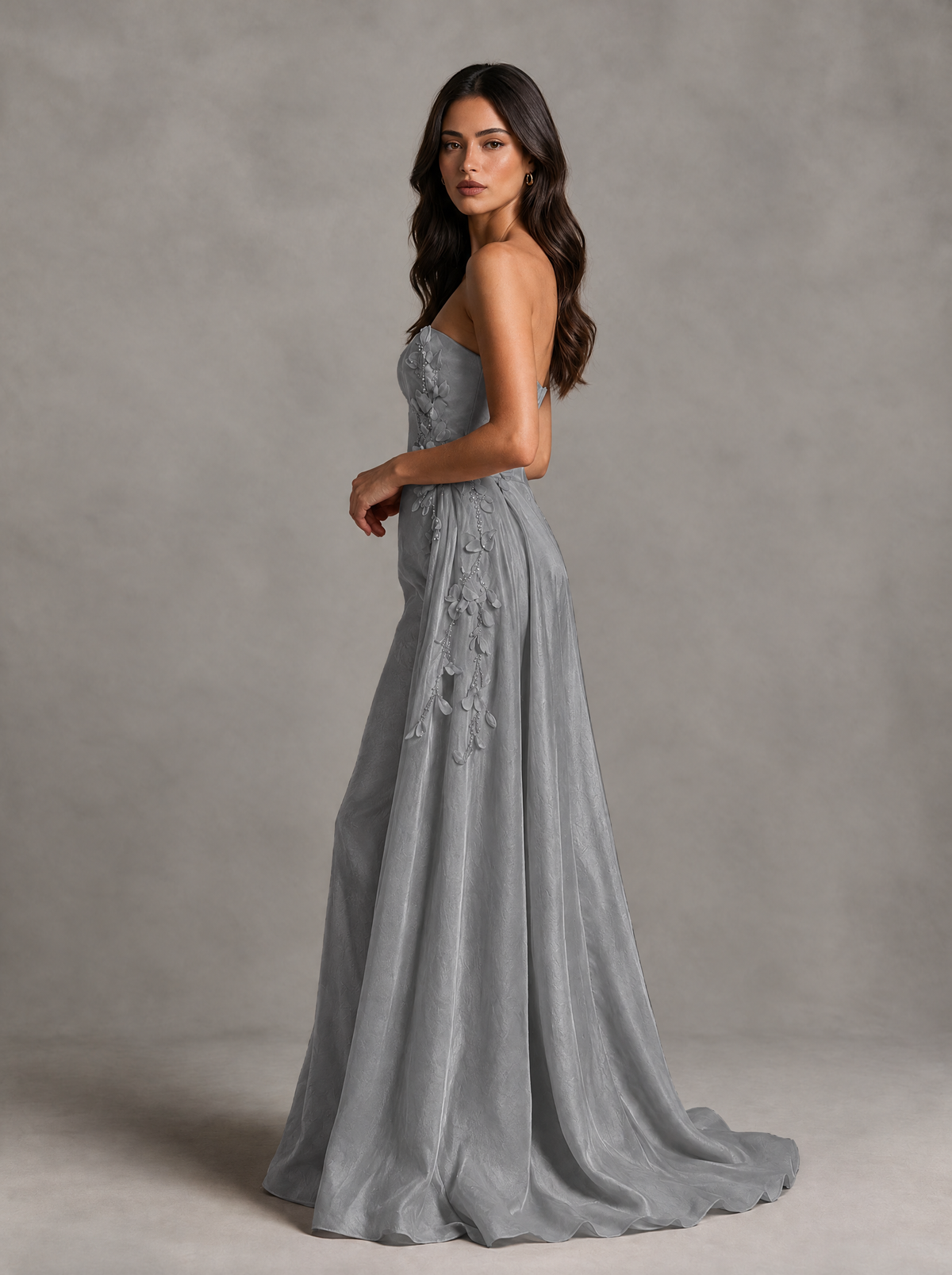 BOLODOO Grey Strapless Floral Applique Prom Dress with Overskirt - Grey - Grey (4)