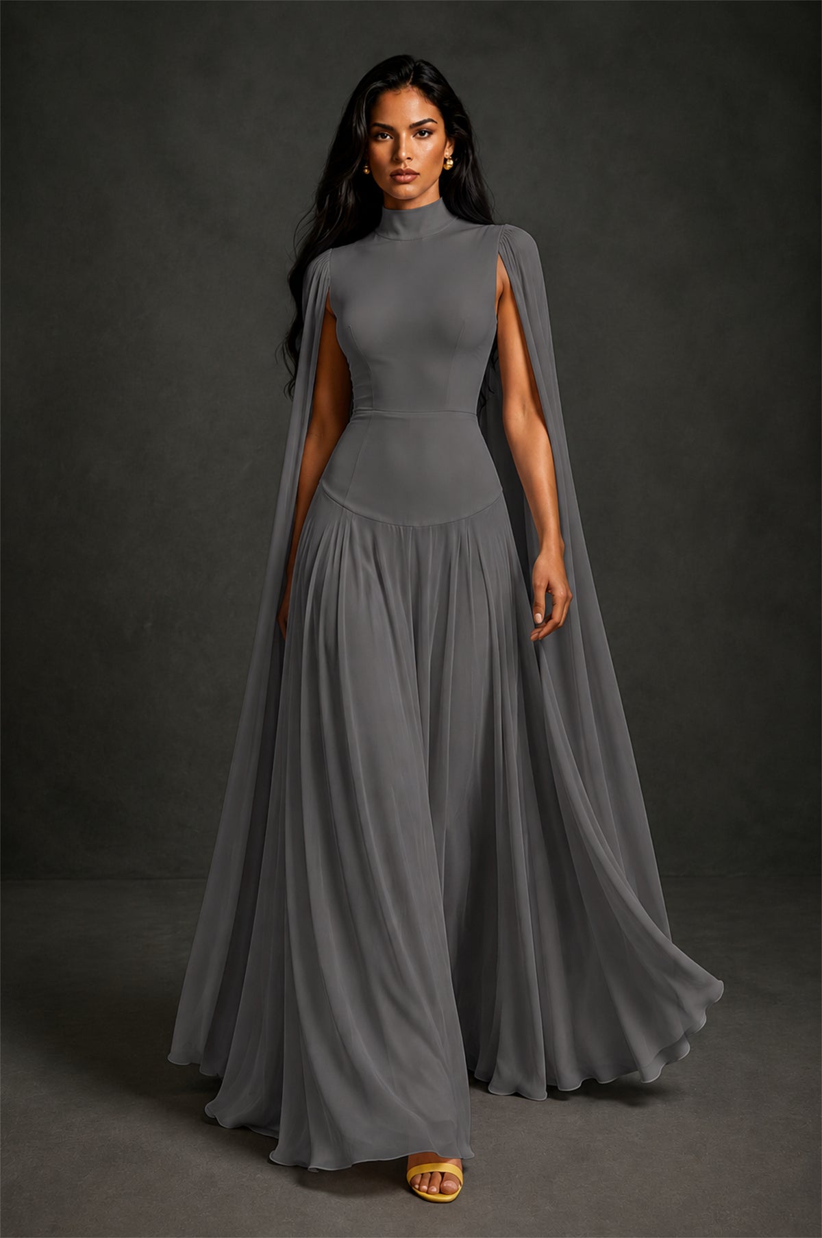 BOLODOO Grey Mock Neck Cape Sleeve A-Line Chiffon Maxi Dress - Grey - Grey (4)