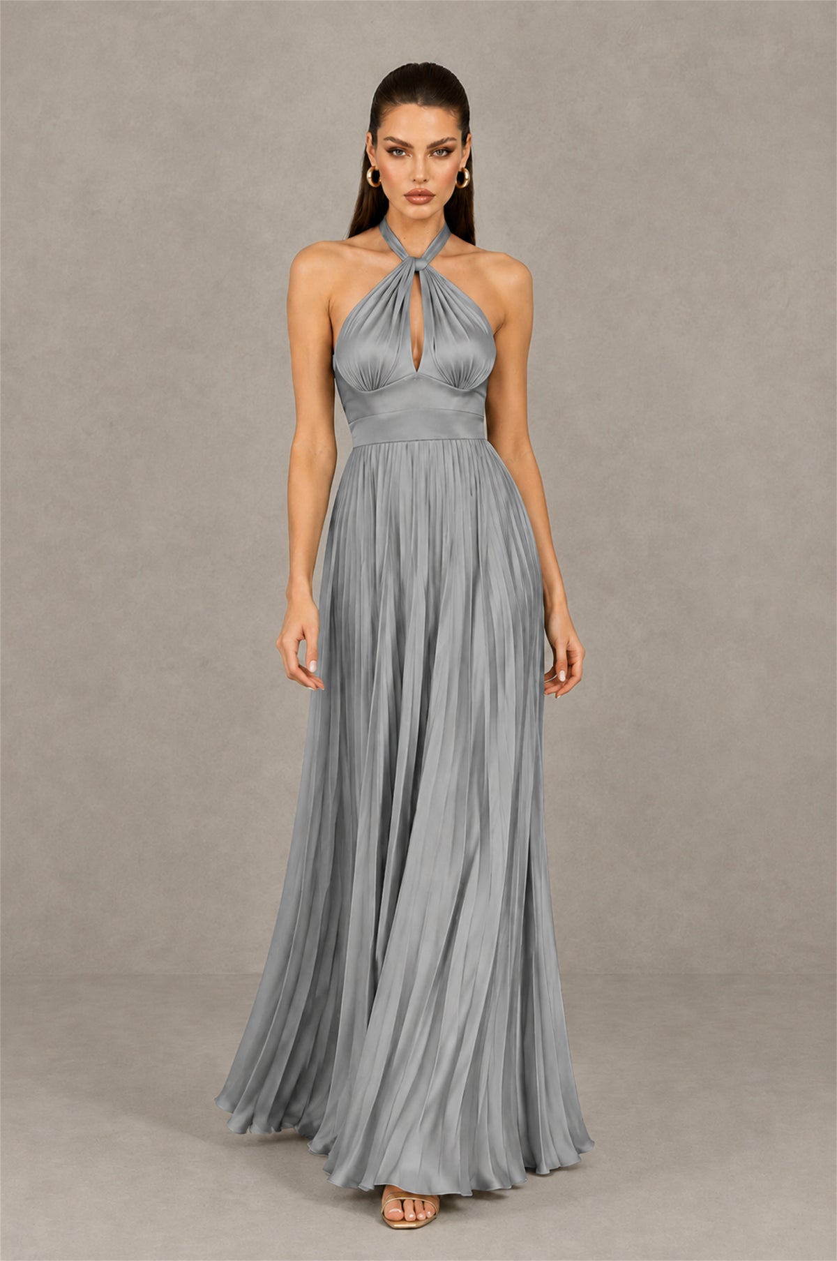 BOLODOO Grey Halter Pleated A-Line Evening Dress - Grey