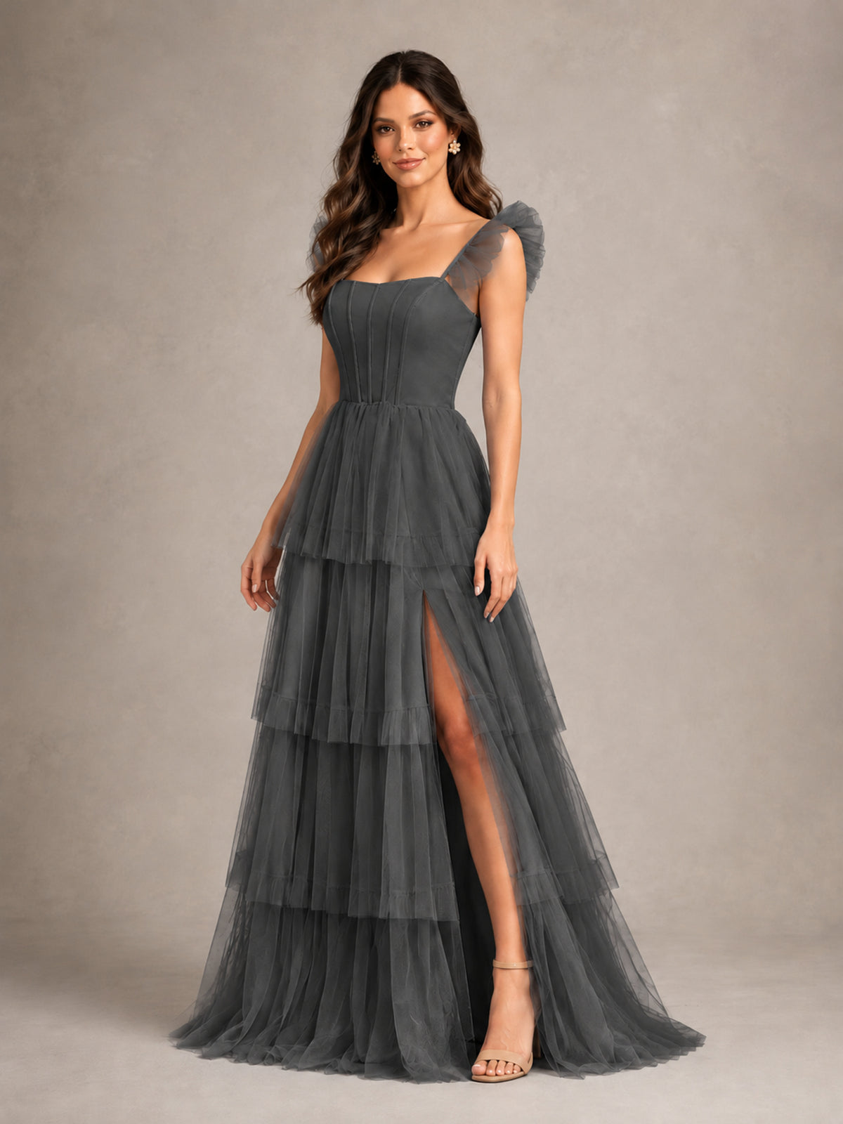 BOLODOO Grey Tiered Tulle Bridesmaid Dress with Slit - Grey - Grey (4)