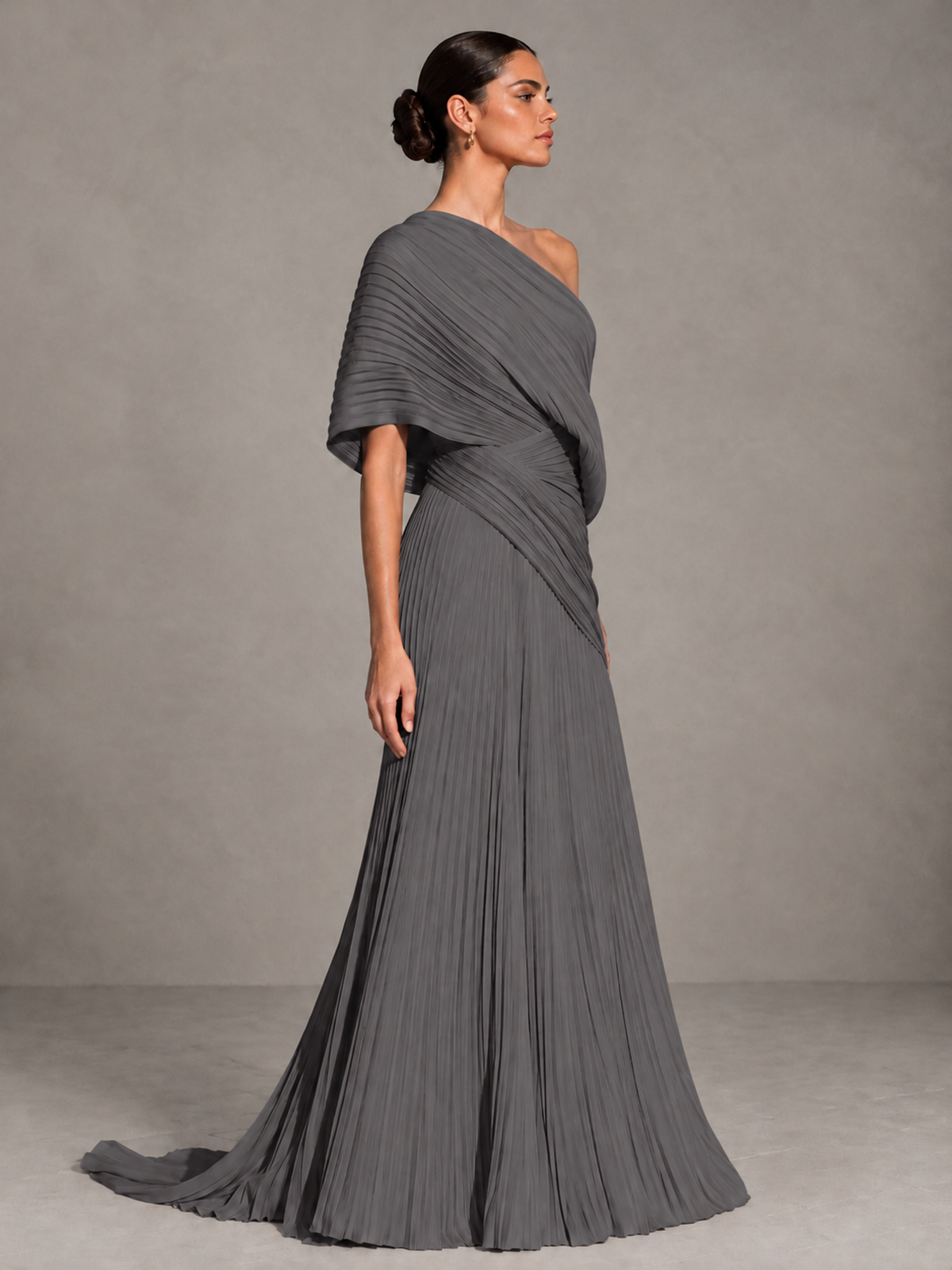 BOLODOO Grey One-Shoulder Pleated Cape Evening Gown with Train - Grey - Grey (4)