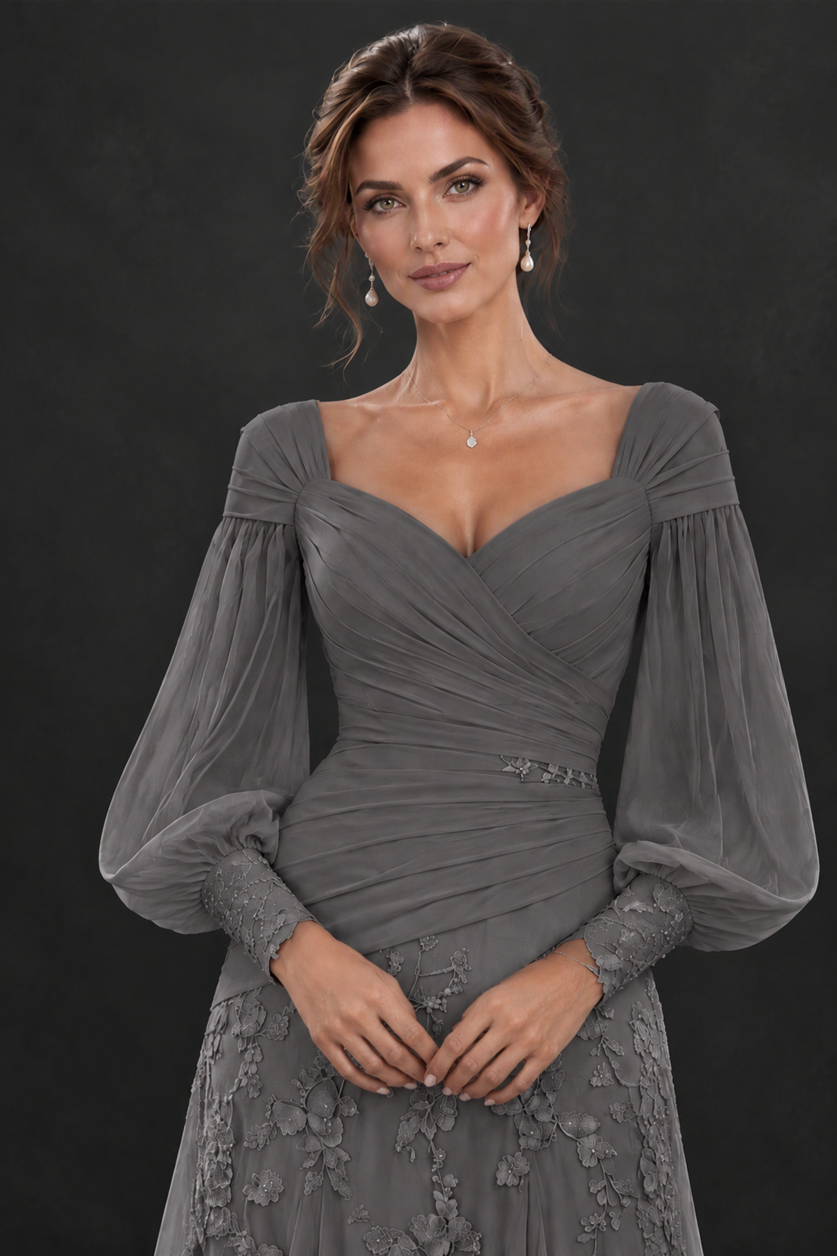 BOLODOO Grey Long Sleeve Mother of the Bride Dress with Floral Appliqués - Grey - Grey (5)