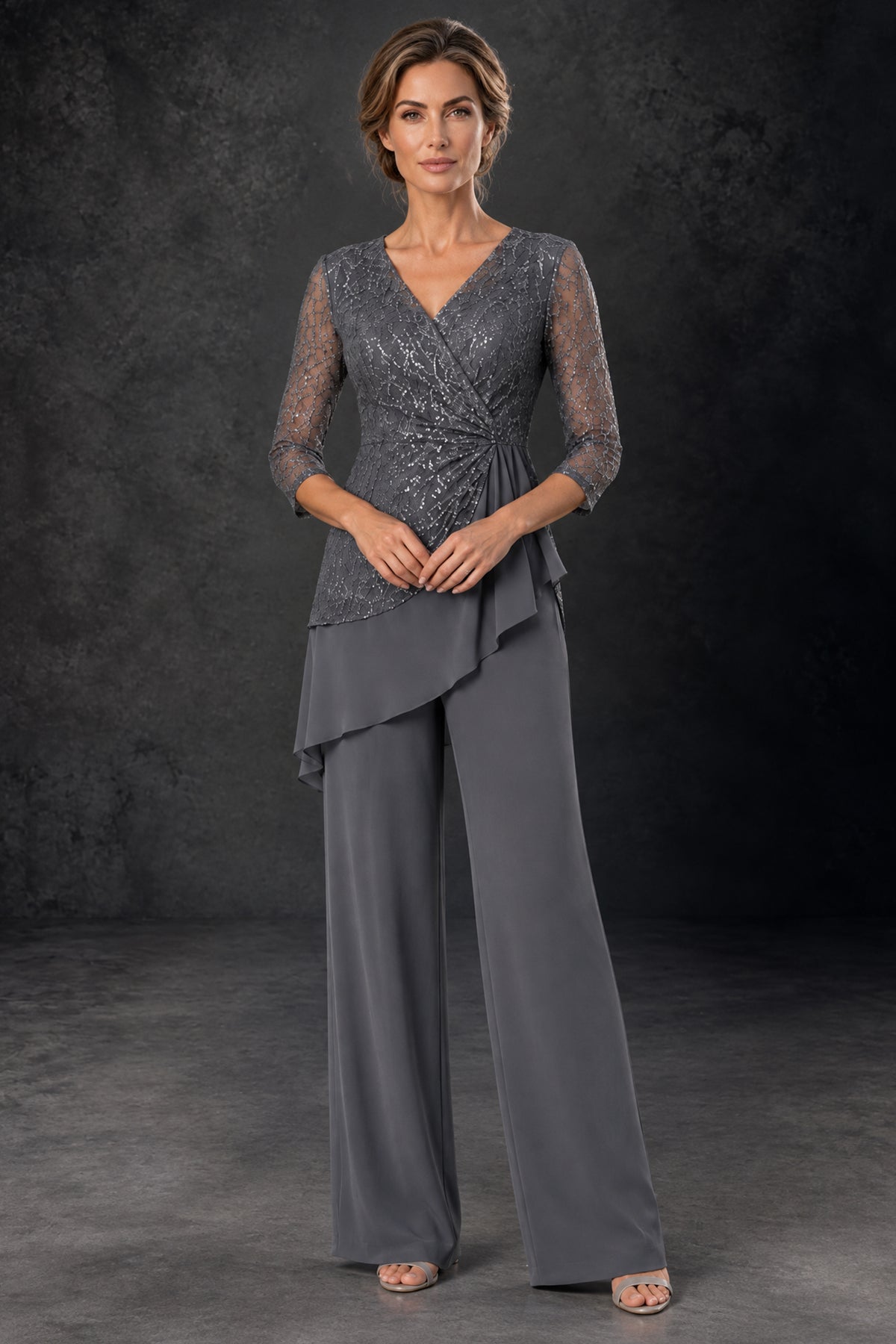 Front view of the BOLODOO grey mother of the bride pant suit with sequin lace V-neck top, sheer 3/4 sleeves and wide-leg chiffon pants