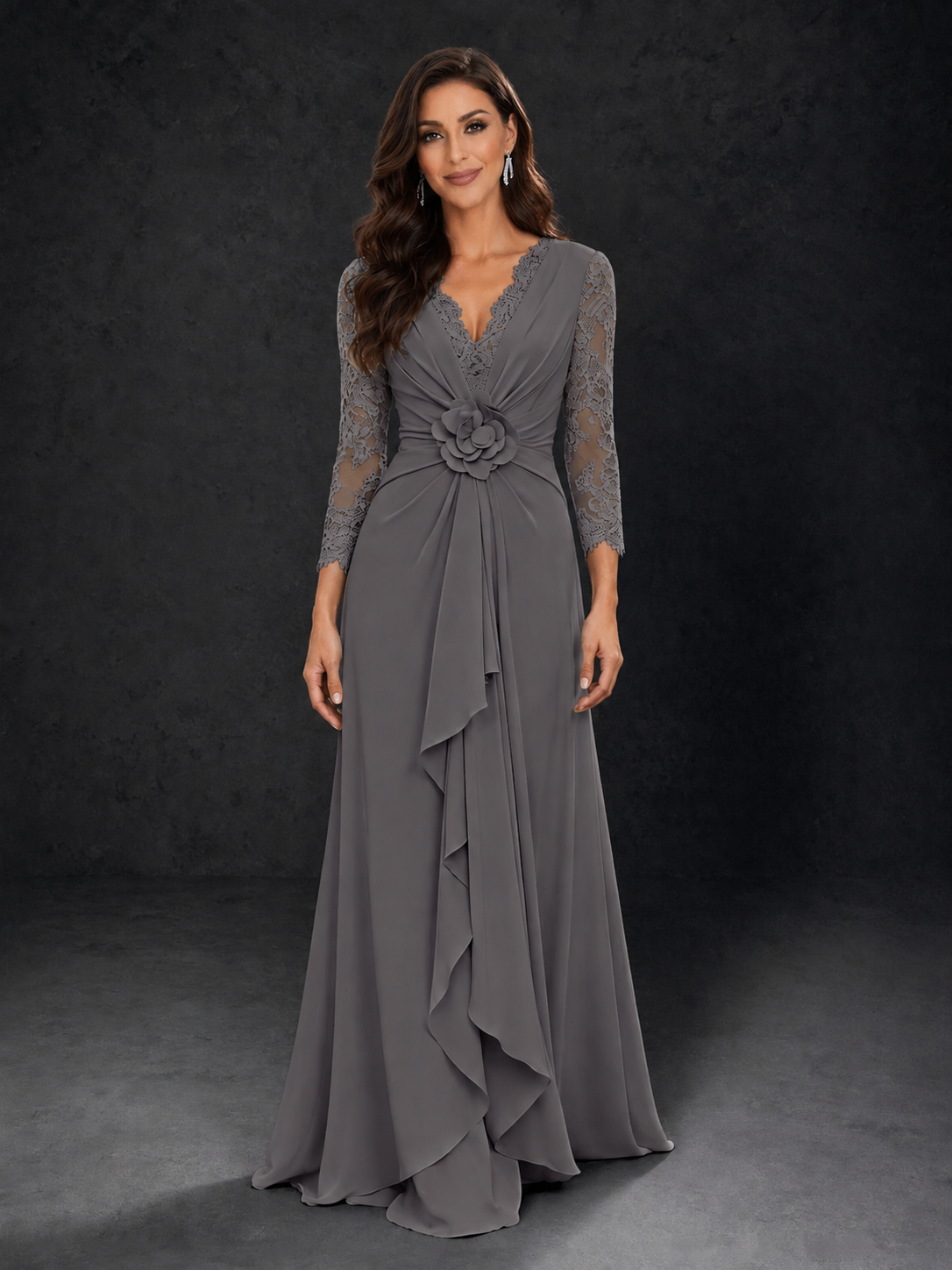BOLODOO Grey Lace Sleeve V-Neck Floral Waist Chiffon A-Line Maxi Dress 