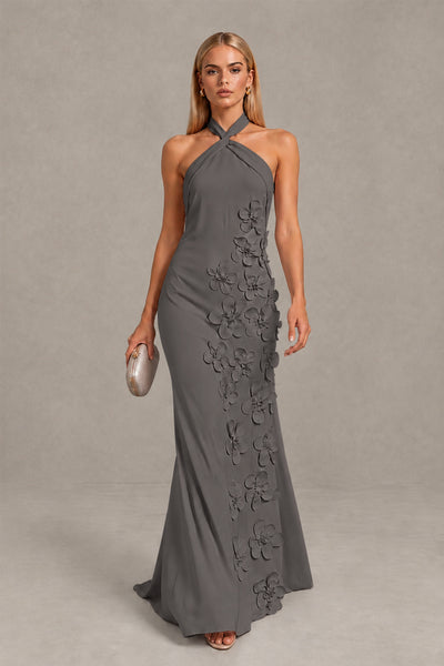 BOLODOO Grey Cross Halter Neck 3D Floral Appliqué Backless Mermaid Maxi Gown 