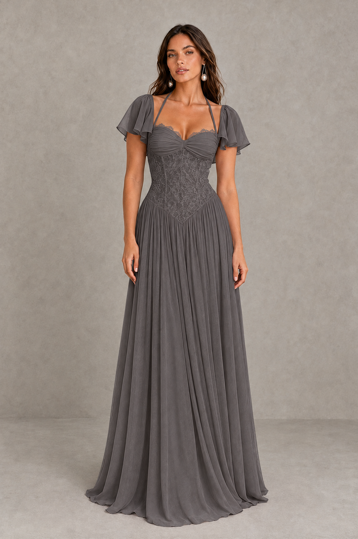 BOLODOO Grey Flutter Sleeve Lace Corset A-Line Maxi Dress 