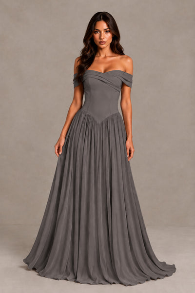 BOLODOO Grey Off-Shoulder Sweetheart Corset Pleated Chiffon Maxi Dress 
