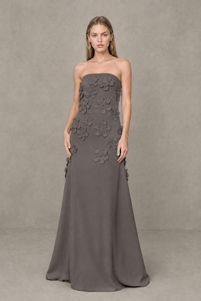BOLODOO Grey Strapless 3D Floral Appliqué Crepe Maxi Gown 
