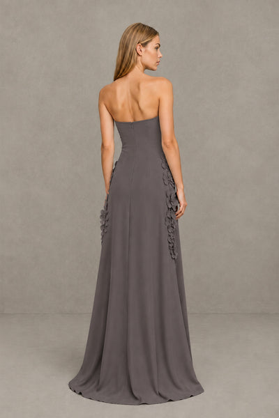 BOLODOO Grey Strapless 3D Floral Appliqué Crepe Maxi Gown 