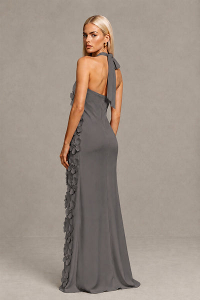 BOLODOO Grey Cross Halter Neck 3D Floral Appliqué Backless Mermaid Maxi Gown 