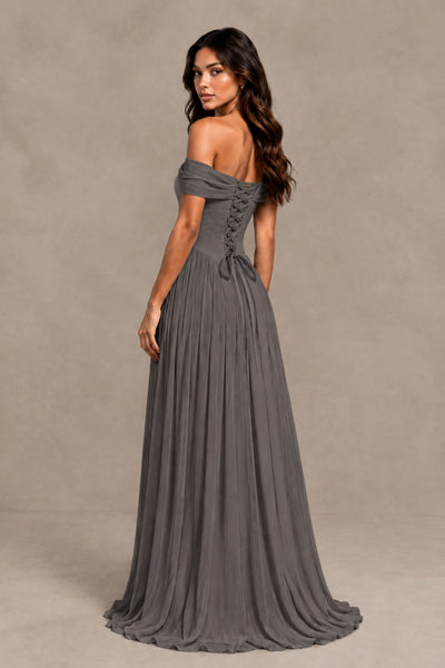 BOLODOO Grey Off-Shoulder Sweetheart Corset Pleated Chiffon Maxi Dress 