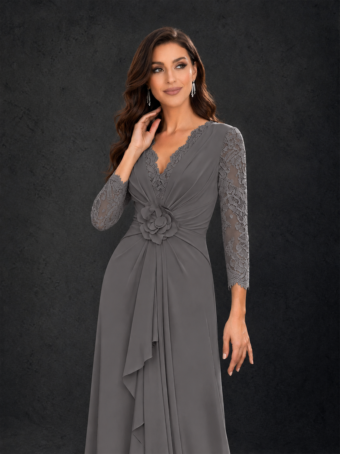 BOLODOO Grey Lace Sleeve V-Neck Floral Waist Chiffon A-Line Maxi Dress 