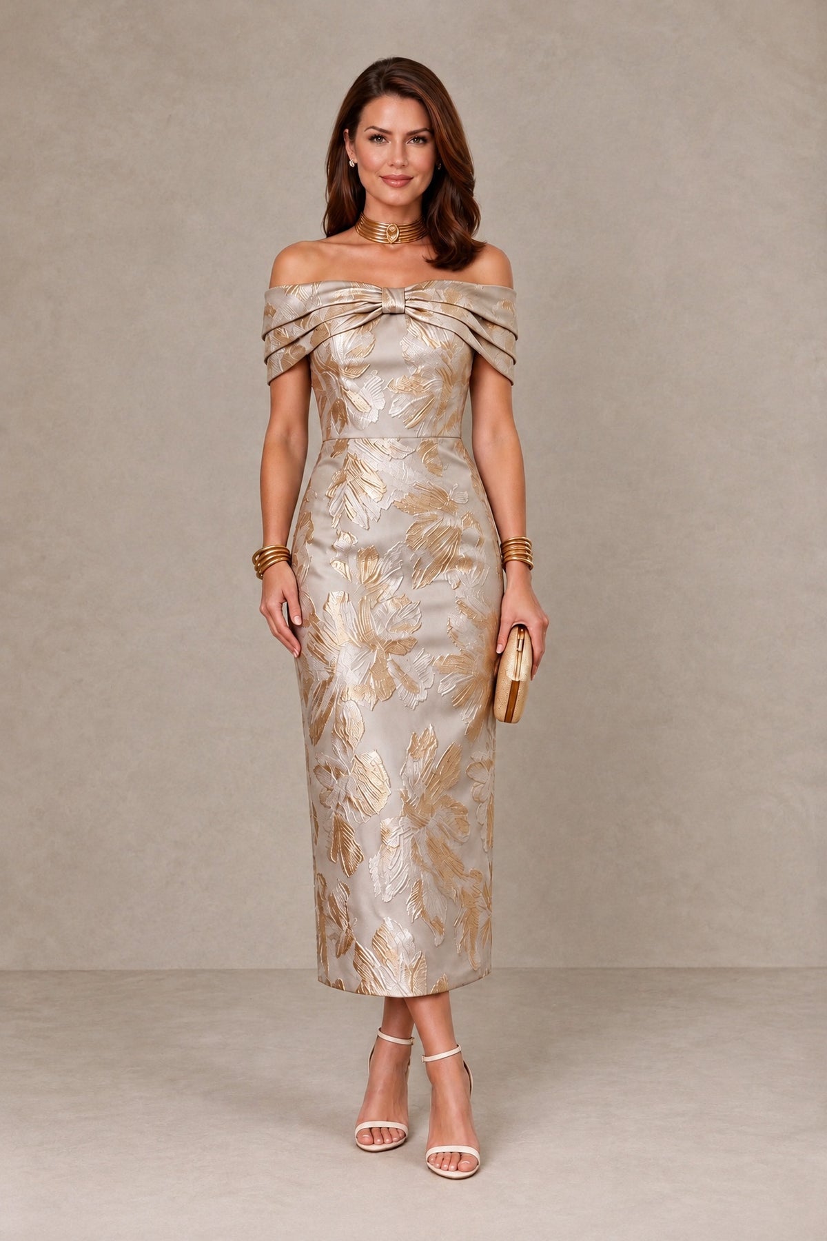 BOLODOO champagne off-shoulder botanical jacquard midi sheath dress, full front view