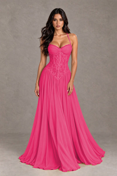 BOLODOO Hot Pink Lace Corset Halter Maxi Gown – Backless A-Line Formal Dress 