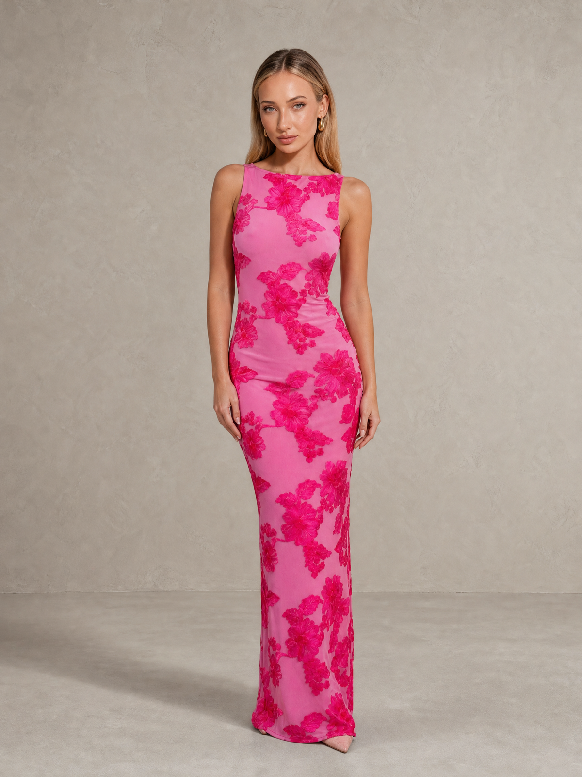 BOLODOO Hot Pink Floral Sleeveless Maxi Wedding Guest Dress 