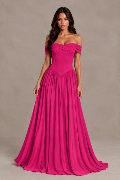 BOLODOO Hot Pink Off-Shoulder Sweetheart Corset Pleated Chiffon Maxi Dress 