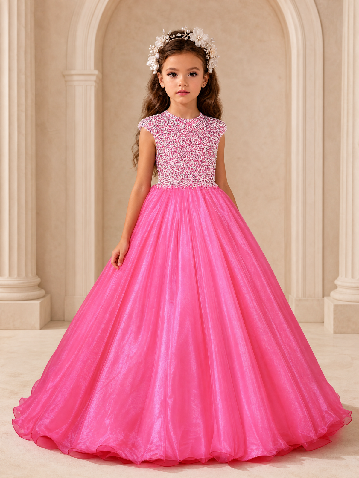 BOLODOO Hot Pink Sequin Tulle Flower Girl Dress with Cap Sleeves 