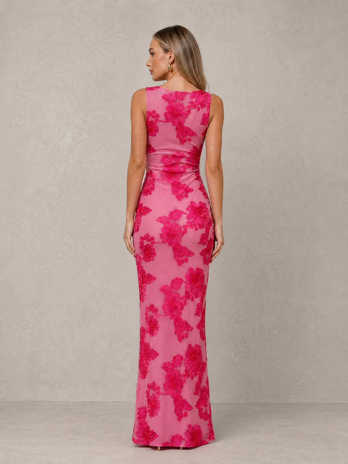 BOLODOO Hot Pink Floral Sleeveless Maxi Wedding Guest Dress 