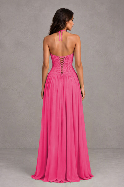 BOLODOO Hot Pink Lace Corset Halter Maxi Gown – Backless A-Line Formal Dress 