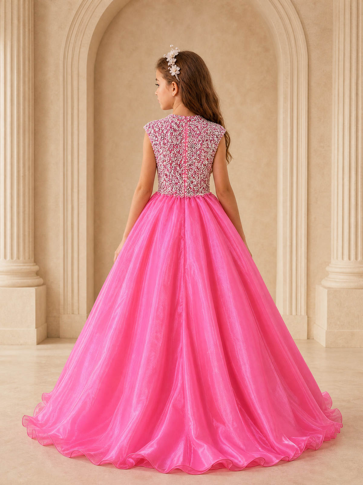 BOLODOO Hot Pink Sequin Tulle Flower Girl Dress with Cap Sleeves 