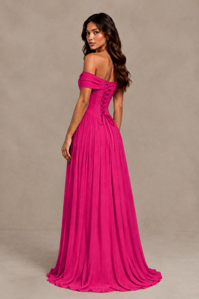BOLODOO Hot Pink Off-Shoulder Sweetheart Corset Pleated Chiffon Maxi Dress 