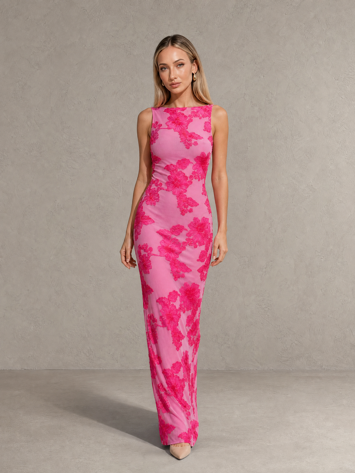 BOLODOO Hot Pink Floral Sleeveless Maxi Wedding Guest Dress 