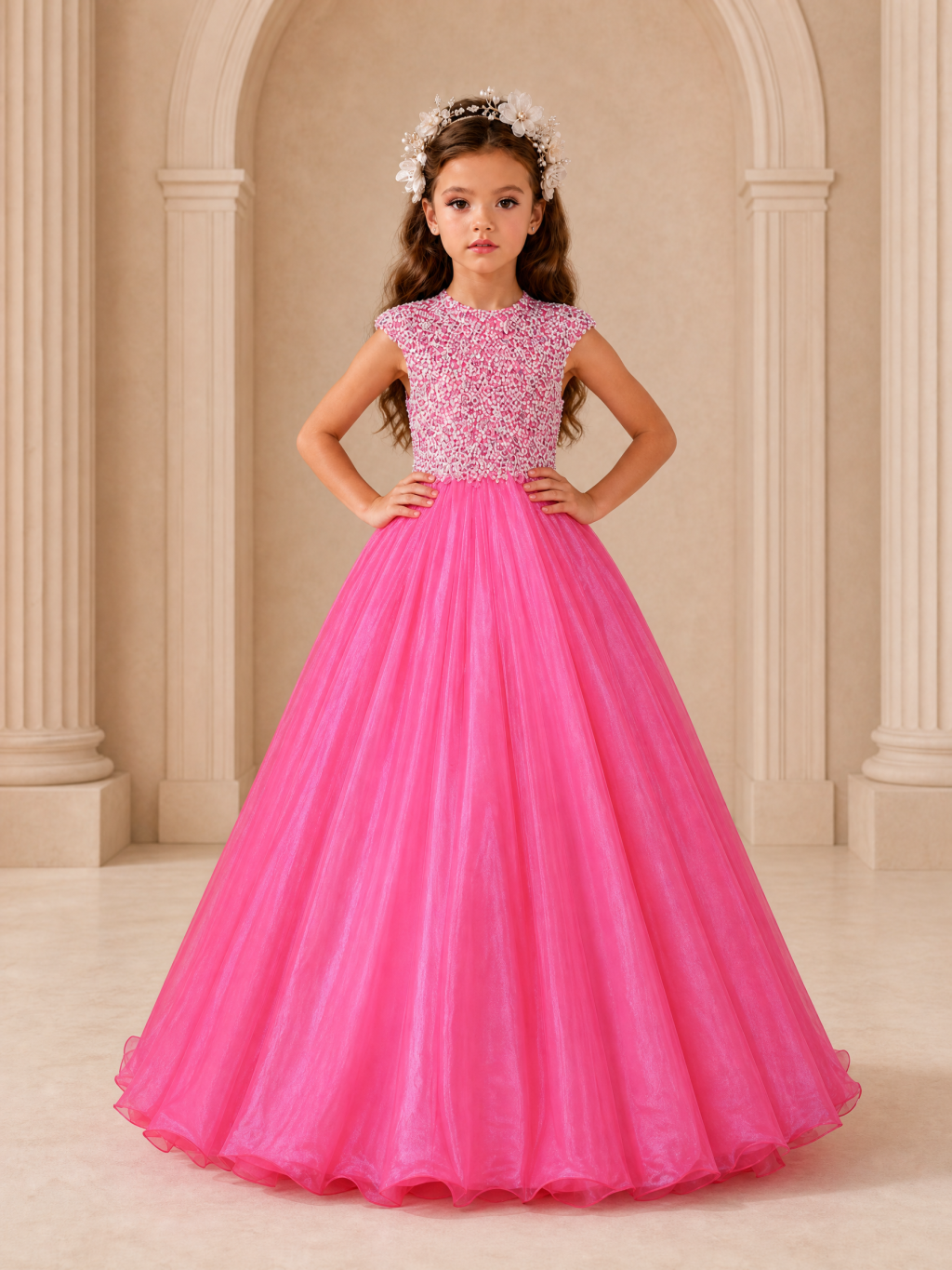 BOLODOO Hot Pink Sequin Tulle Flower Girl Dress with Cap Sleeves 