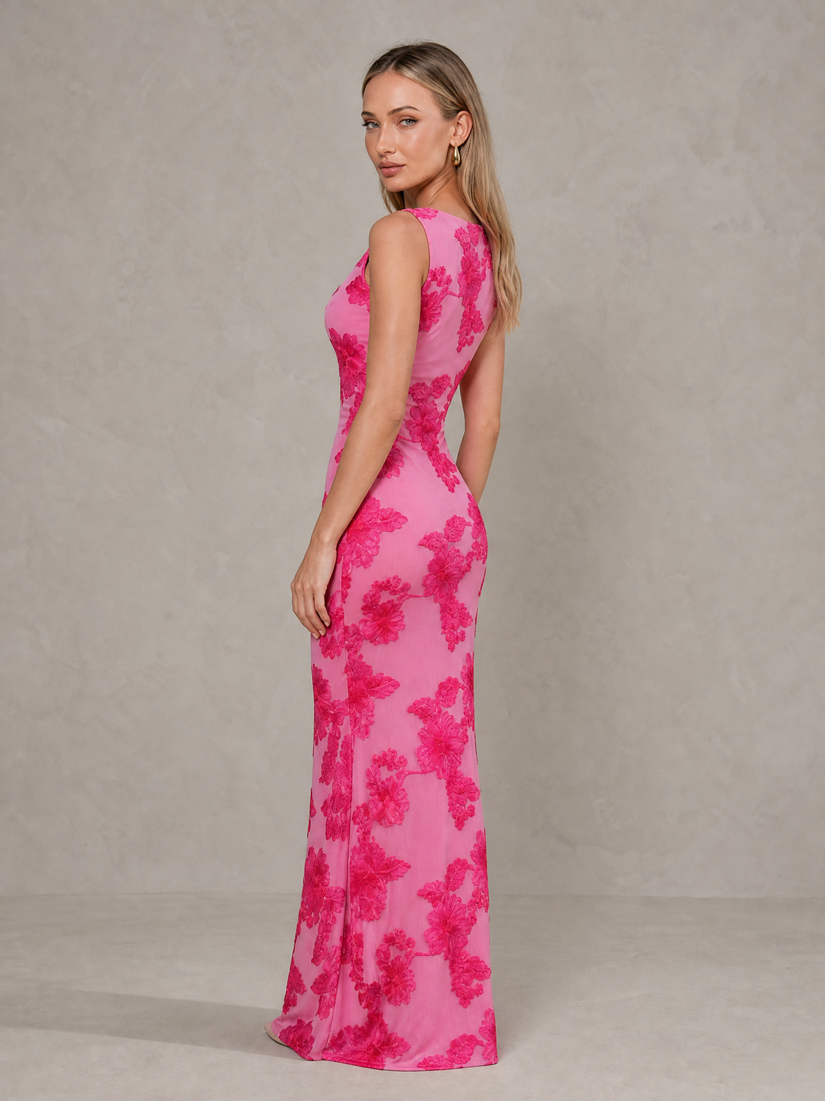 BOLODOO Hot Pink Floral Sleeveless Maxi Wedding Guest Dress 