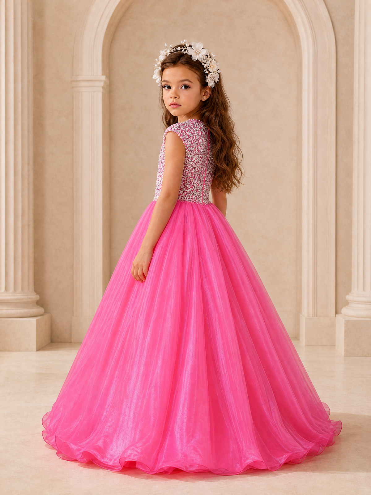 BOLODOO Hot Pink Sequin Tulle Flower Girl Dress with Cap Sleeves 