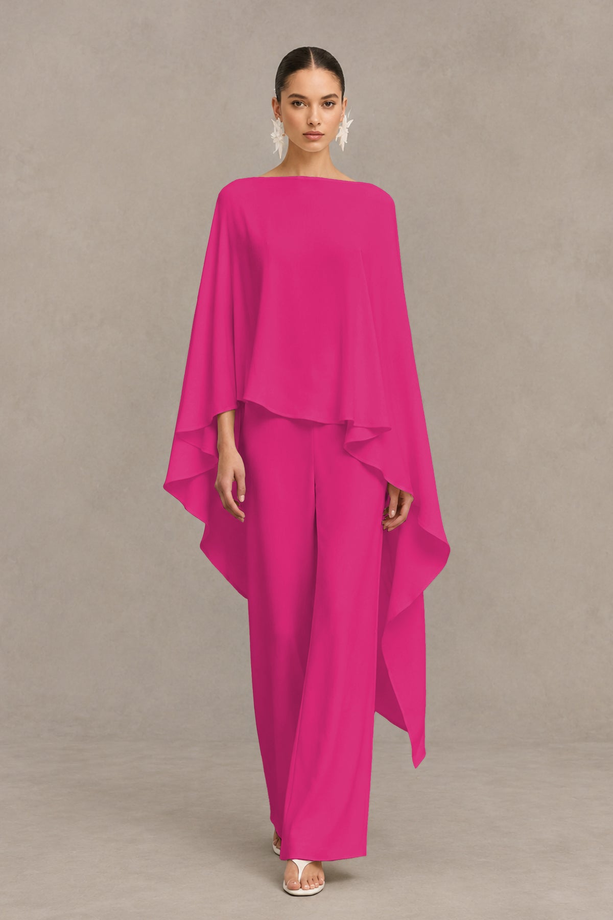 BOLODOO Hot Pink Cape Sleeve Wide-Leg Formal Pantsuit - Hot Pink - Hot Pink_01