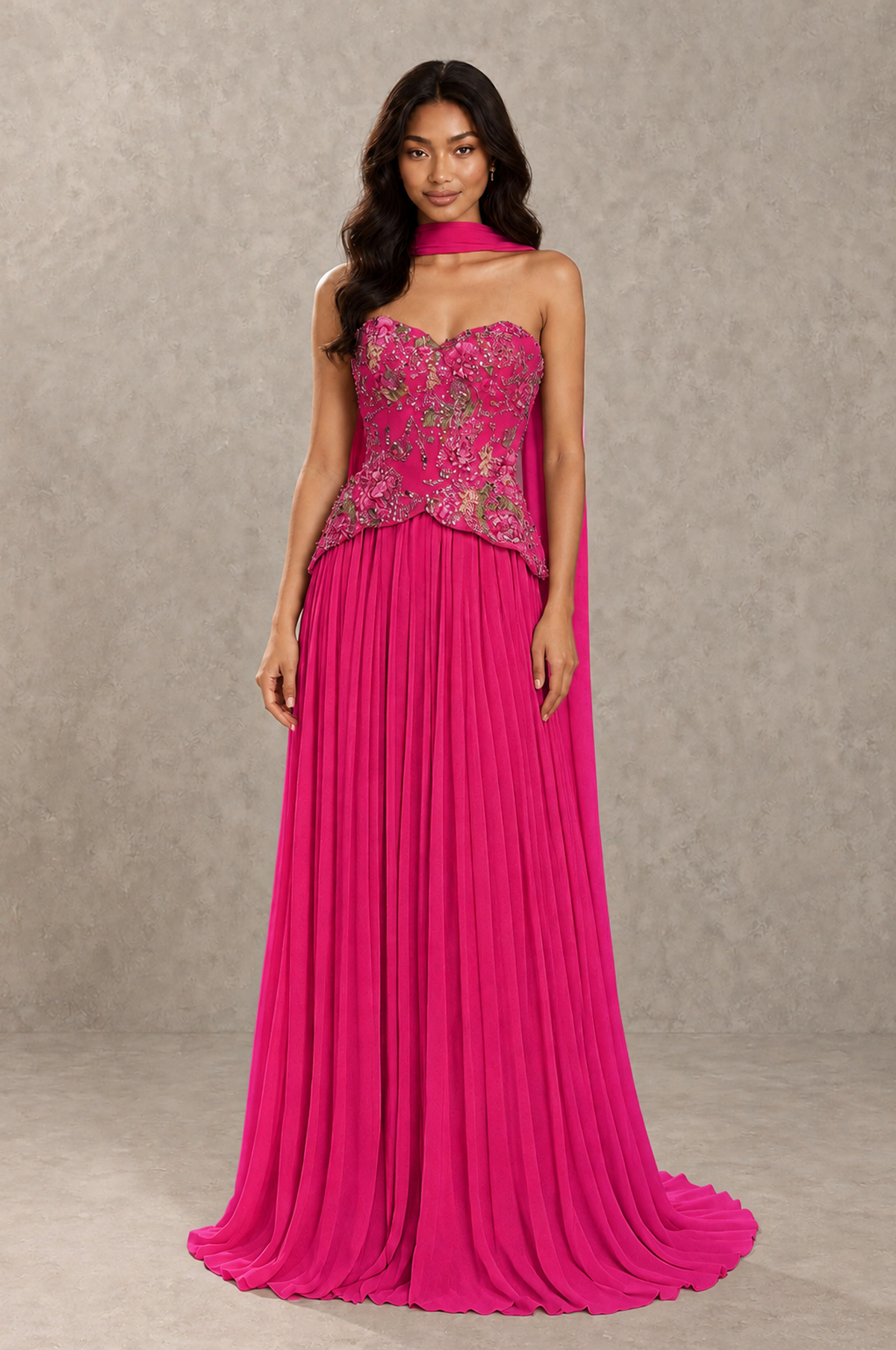 BOLODOO Hot Pink Strapless Beaded Floral Corset Chiffon Maxi Gown – Open Back Prom & Formal Evening Dress - Hot Pink - Hot Pink_01