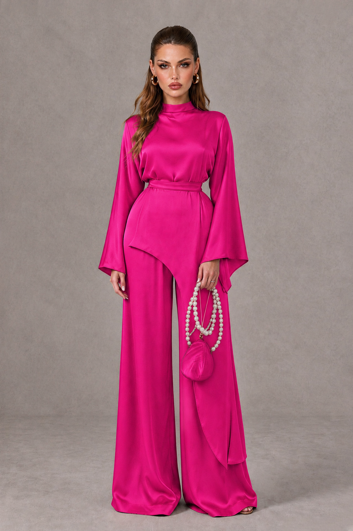 BOLODOO Hot Pink Satin-Look Long Sleeve Wide-Leg Jumpsuit - Hot Pink - Hot Pink_01